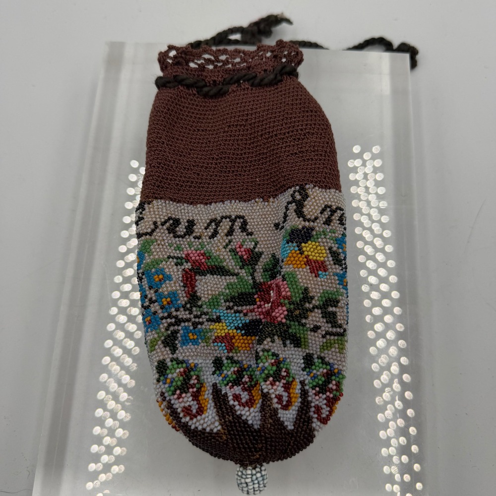 Antique 1800s German Beaded Reticule Drawstring Purse Zum Andenken Floral